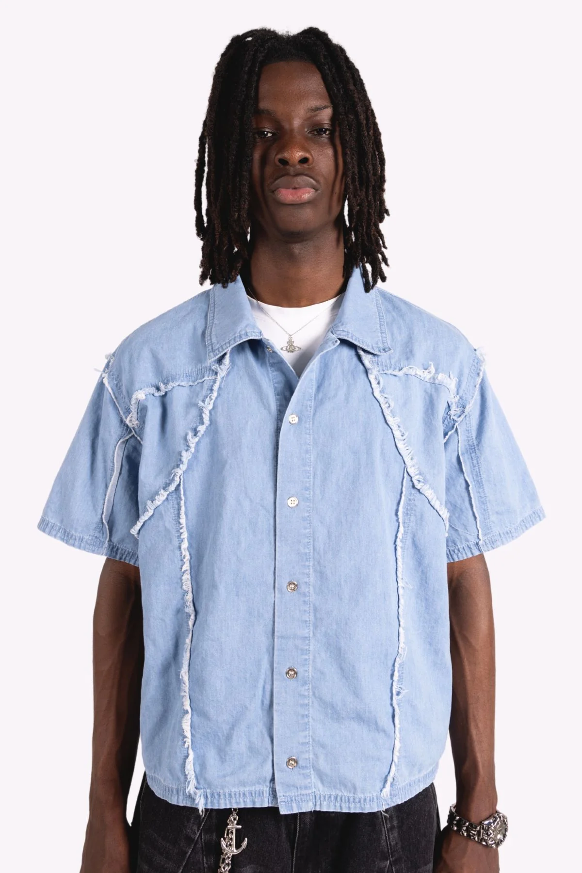 Distressed Collared Shirt Blue