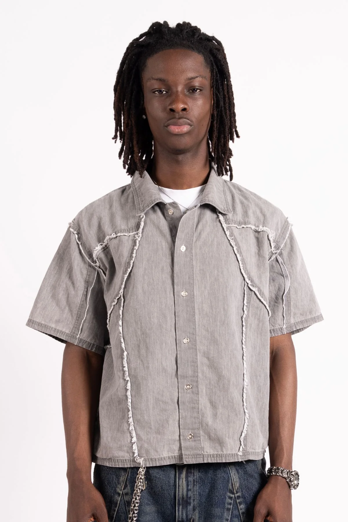 Distressed Collared Shirt Grey